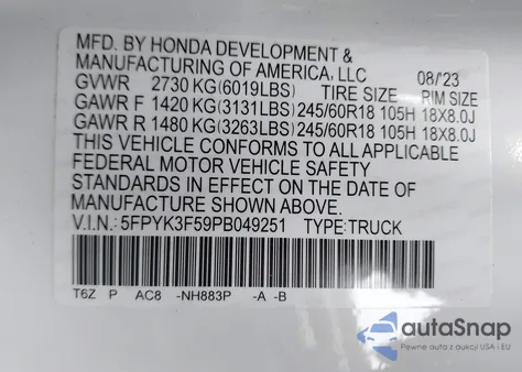2023 Honda Ridgeline Rtl z USA, uszkodzony, nr VIN 5FPYK3F59PB049251